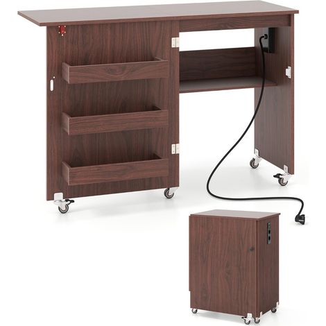 Table de couture pliante avec station de charge, chariot de bricolage avec étagère et tiroirs, meuble de rangement - marron rustique (1/2)