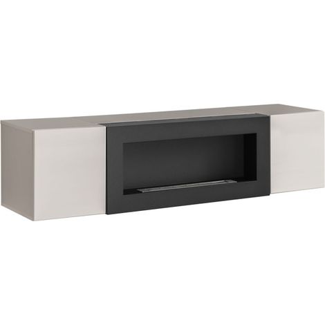 Meuble TV suspendu Fly avec cheminée bioéthanol - Bois MDF cachemire - 160 x 40 x 40 cm - Livraison gratuite (1/3)