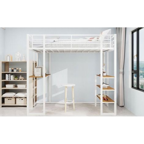 Lit mezzanine - SOGEU - 90 x 190 cm - Bureau en L - Échelles bilatérales - Blanc métal (1/5)