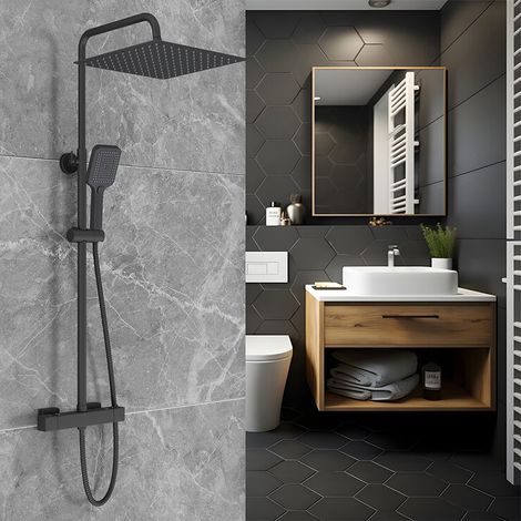 Colonna doccia con miscelatore termostatico nero, Set doccia con soffione a pioggia 30x30 cm, doccetta a 3 funzioni in silicone, asta doccia acciaio inox regolabile 75-120 cm