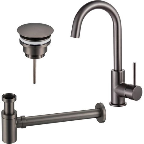 Fortifura Calvi Kit robinet lavabo - robinet haut - bec rotatif - bonde non-obturable - siphon design bas - Gunmetal poli PVD