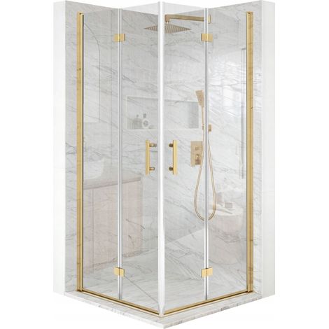 Cabine de douche - 95 x 95 x 195 cm - Portes pliantes - Verre de sécurité trempé 6 mm - Finition dorée (1/5)