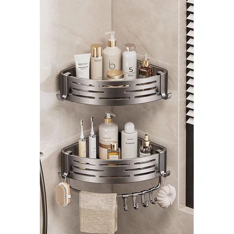 (2 pièces grises avec tringle - comme illustré) Étagère d'angle de salle de bain sans perçage, étagère de douche murale en aluminium avec crochets pour porte-serviettes (1/5)