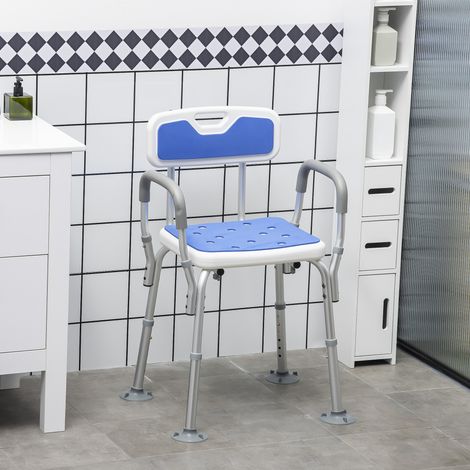 Tabouret de douche chaise de douche ergonomique hauteur réglable pieds antidérapants 56.5 x 53.5 x 87 cm blanc et bleu