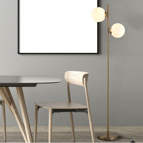 Lámpara de pie (39x28x165 cm), pantalla de vidrio, dos focos orientables, base metálica, metal dorado (1/5)