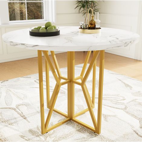 Mesa de comedor redonda 80 x 80 x 76 cm, tablero MDF efecto mármol, patas metálicas doradas DESVIAE (1/5)