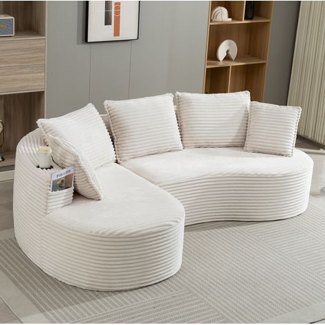 Sofá 250x152x82 cm beige en pana con diseño curvo, portavasos, bolsillos laterales y cojín (1/5)