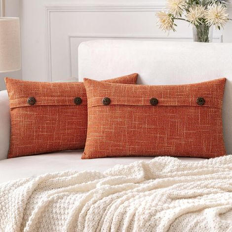 Housse de coussin en lin orange, boutons décoratifs, taie en toile de jute unie 12x20 pouces, coussin moderne rustique vintage pour canapé, lit, salon, déco bohème (1/5)