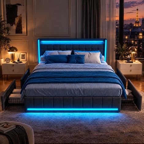 JOOKGBD-Doppelbett Polsterbett 160x200cm,Jugendbett,mit Bettkasten und Lattenrost,bett mit USB-Anschlüssen, LED-Bett mit 4 Schubladen,Leinenstoff,ohne Matratze,Dunkelgrau
