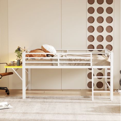 Cama 140x200 cm blanca de metal con barandillas, escalera, escritorio plegable e iluminación LED (1/5)