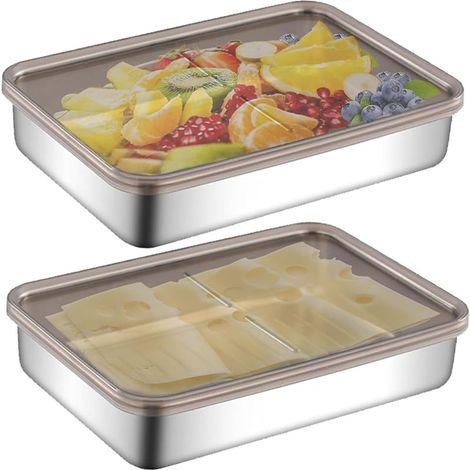 Boite Rangement Fromage pour Frigo avec Couvercle Jeu de 2, Récipient Stockage Conservation Alimentaire Acier Inoxydable pour Conserver Charcuterie, Fromage, Saucisse, Bacon, Saumon Fumé, Jambon (1/5)