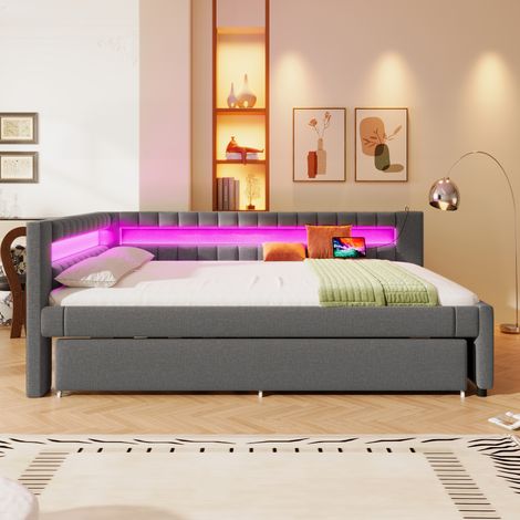 Canapé-lit journalier 140x200 cm, banquette convertible avec éclairage LED télécommandé en pied de lit, lit escamotable sans matelas, ports USB + Type-C, lin gris (1/5)