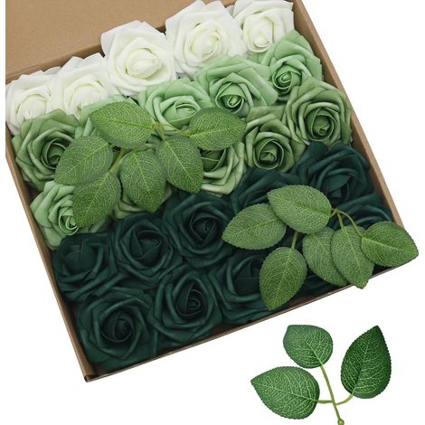Lot de 25 fleurs artificielles dégradées vert et blanc : roses réalistes en mousse à tiges flexibles — Idéales pour les bouquets de mariage DIY, décorations de gâteaux et décorations de fête. (1/5)