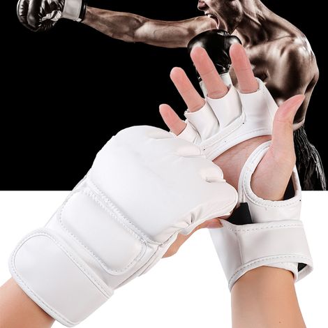 Gants de boxe mi-doigts pour entraînement MMA et sac de frappe - Unisexe - Couleur blanc