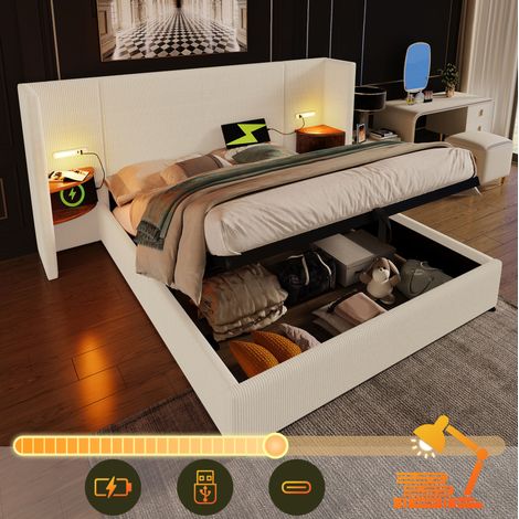 Letto a cassone 160x200 cm imbottito con comodino, lampada da lettura e USB Type-C, velluto a coste beige e bianco, senza materasso (1/5)