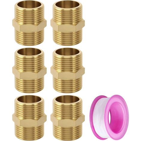 6 Pièces Doubles 3/4'' (ø 25mm) en Laiton, Double Mamelon Hexagonal 3/4", Robustes et Raccord Fileté en Laiton pour Chauffage et Installation d'Eau Potable (1/5)