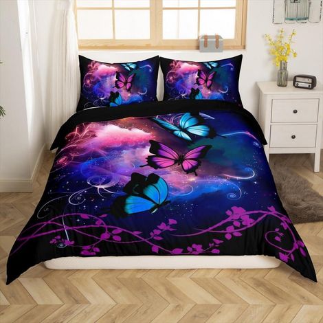 Bettwäsche-Set mit Schmetterlings-Galaxy-Motiv, 135x200cm, Lila & Blau