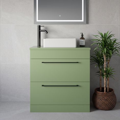 Napoli 390 Olive Green 800mm 2 Drawer Vanity Unit for Countertop Basins - 800mm - Matt Black 480mm Handle