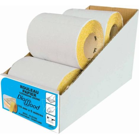 Lot de 5 Rouleau Papier Corindon Jaune 115 mm x L. 5 m - GR 80 - Pour Plâtre, Peinture, Vernis, Mastic - Diamwood