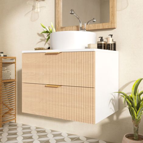 Meuble Sous-Vasque Mural 60 cm avec Vasque Ronde en Céramique, 2 Tiroirs avec Façades en Bois à Rayures, Plan de Travail en MDF, pour Salle de Bains (Bois Naturel) (1/5)