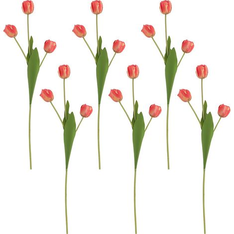 Six tulipes par bouquet, courbées et emballées. 【Orange-Rouge】Lot de 6 tulipes artificielles en soie, 3 fleurs par tige, ornement floral de grande valeur pour la décoration de table du salon. (1/3)