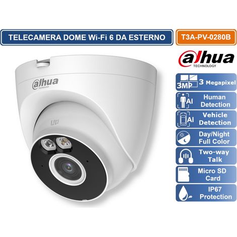 DAHUA DH-T3A-PV TELECAMERA WI-FI 6 DOME 3MP RILEVAMENTO PERSONE E VEICOLI, SIRENA E LUCI ALLARME AUDIO MICROSD IP67 (1/4)