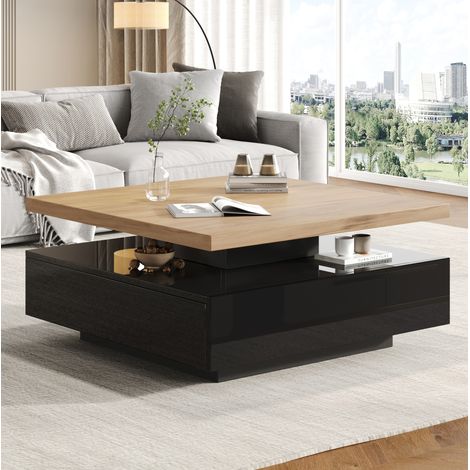 Table basse carrée 70x70x36 cm noyer et noir en panneaux de particules avec plateau rotatif 360° et rangement (1/5)