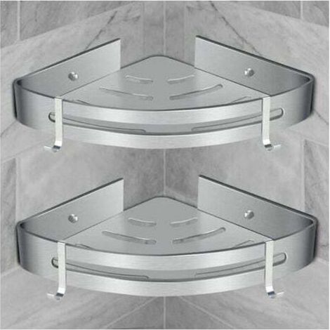 Ducha estante esquinero de la perla rara, sans perforaciones, de aluminio, para pared, caja de almacenamiento de dos piezas, color plateado (2 unidades)-Crezuo