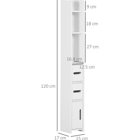 Colonne de salle de bain avec étagères et placards, armoire haute en bois gain de place 15 x 17 x 120 cm, blanche (1/5)
