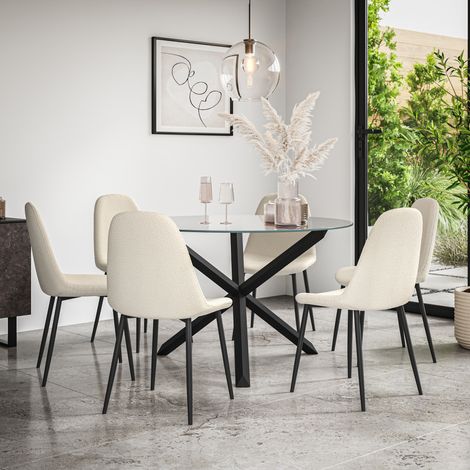 Malvern Round Dining Table And Chairs - Clear Glass Table Top w Solid Oak Black Legs + Maya Boucle Dining Chair Set Of 6 (Ivory White) (1/5)