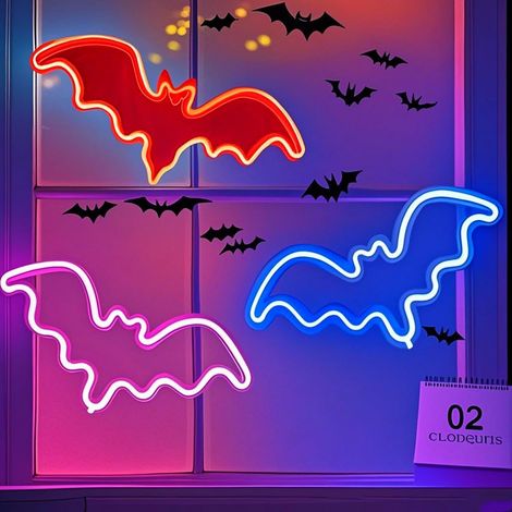 Veilleuse d'Halloween, lumière LED, néon, décoration lumineuse d'Halloween Bat Red, Pink, Blue (1/5)