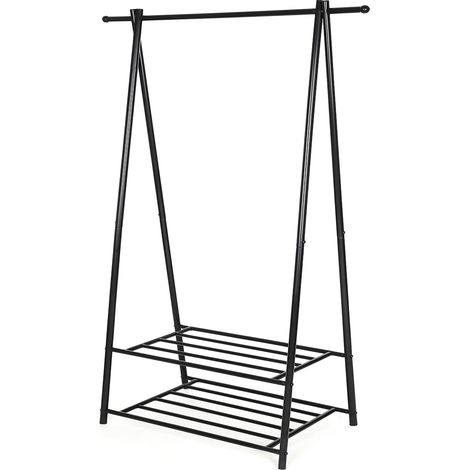 Portant à vêtements, Penderie à vêtements, Portemanteau avec 2 étagères de rangement pour chaussures, boîte, cadre métallique, gain de place, pour chambre, entrée, bureau, Noir HSR05B (1/5)