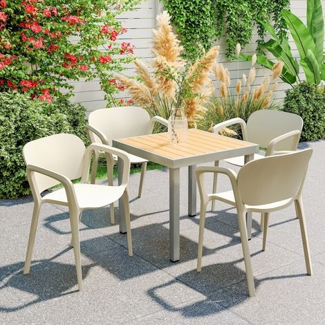 Lot de 4 chaises de jardin empilables en plastique blanc, avec accoudoirs et dossier ergonomique, résistantes aux UV et à l’eau, pour extérieur, de CHICFURN (1/5)