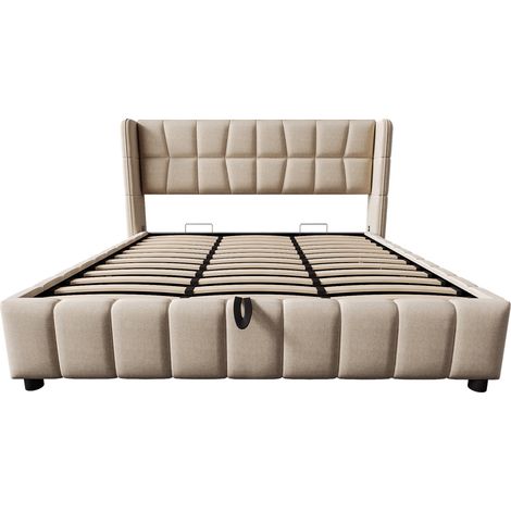 Cama tapizada 180 x 200 cm con somier de láminas y arcón con elevación a gas, beige (1/5)