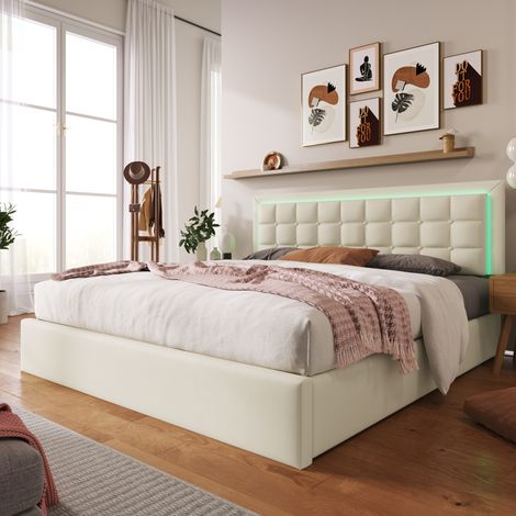 Cama doble 160x200 cm con almacenaje, LED y colchón, piel sintética blanca - CHICFURN (1/5)
