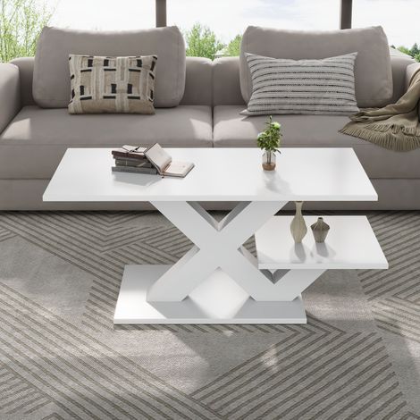 Table basse rectangulaire 100x48x45cm à double plateau avec piètement géométrique en X,MDF laqué brillant blanc (1/5)