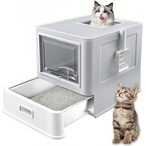Bac à litière en acier inoxydable avec tiroir, bac à litière pliable avec couvercle pour chats d'intérieur, bac à litière avec couvercle en métal et distributeur de litière (gris) (1/5)