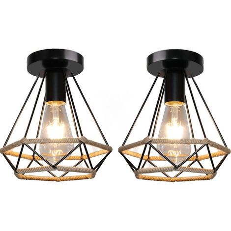 2X Plafonnier D'Intérieur Rétro Noir Lampe De Plafond En Corde De Chanvre 20CM Lustre Diamant Luminaire Plafonnier Vintage En Métal (1/5)