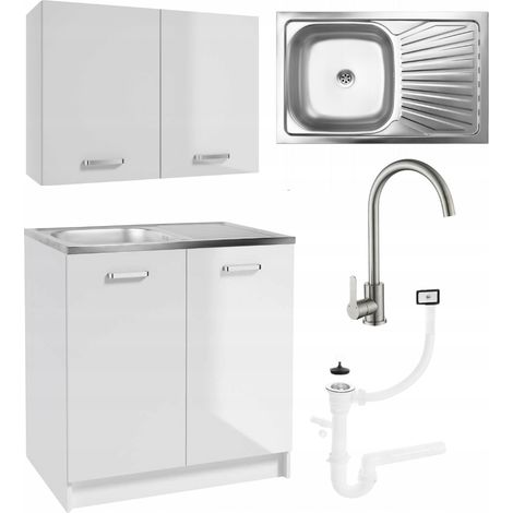 Ensemble de meubles de cuisine avec évier - 80 cm - Cuisine blanche laquée brillante - Robinet chromé haut de gamme - Meuble bas de cuisine