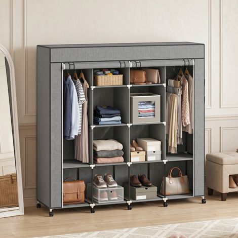 Armoire penderie tissu meuble rangement mobile 10 roulettes 10 compartiments barres suspension gris. Grand penderie pour vos vêtements, spacieux et modulable. (1/5)