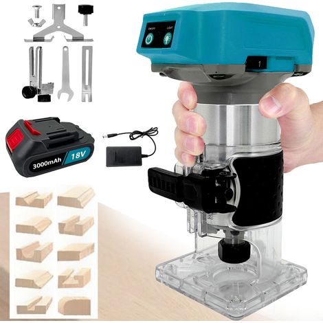 Router per rifiniture, router per legno senza fili Baushless, router per rifiniture manuali, fresatrice per laminati + batteria da 3,0 A + caricabatteria, compatibile con batteria Makita