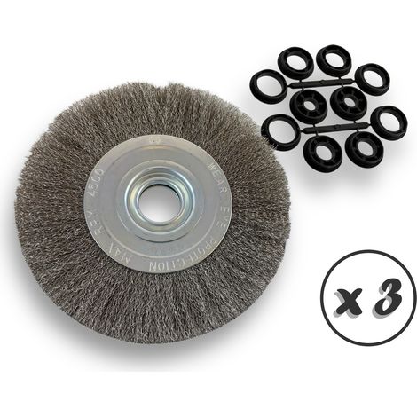 Lot de 3 brosses circulaires INOX  Ø 200 mm  Epaisseur 2 rangs  Fil souple 0.20 mm ondulé  Alésage 32 mm + réducteur bague 25/22/20/16/12 mm  Touret affûteuse ponceuse  Kibros 238202IVx3