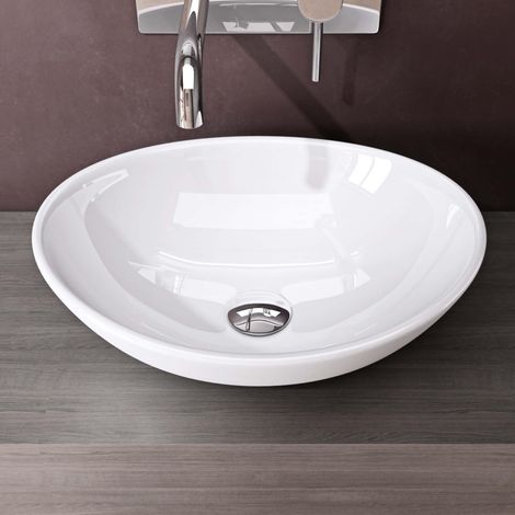 doporro Lavabo da Appoggio Ovale in Ceramica Bianco Lucido 42 cm Lavandino Bagno Moderno con Rivestimento Nano per Bagno e WC Ospiti - Brüssel205 (1/5)