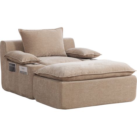 Fauteuil relax en chenille avec chaiselongue, 4 coussins, porte-gobelet et poche de rangement, sans montage - Khaki clair (1/5)