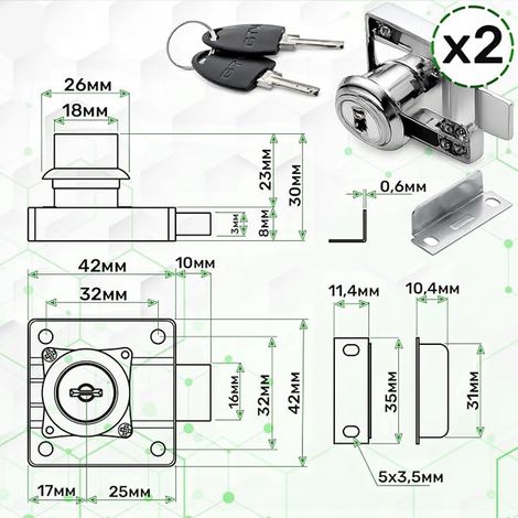 Cabinet Locks 42 x 42 mm – Keys – ZnAl Alloy – Solution for Cabinet Drawers and Office Furniture (1/4)