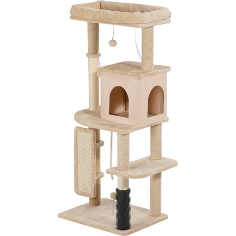 Arbre à chat tour de jeux 55 x 44 x 132 cm avec lit maison griffoirs scandinave épuré en panneau de particules beige (1/5)