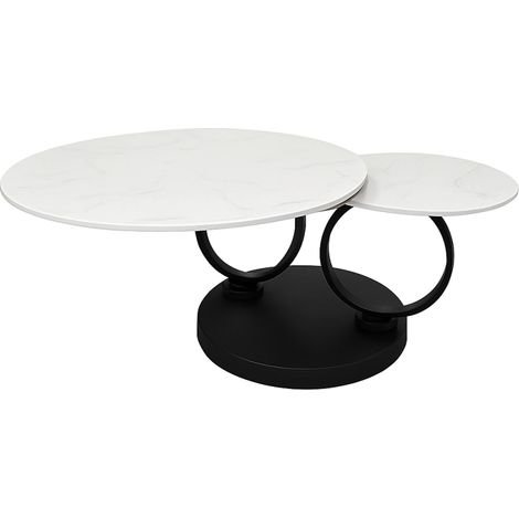 Table basse 2 plateaux ronds rotatifs céramique blanc marbré - SHIVA (1/5)