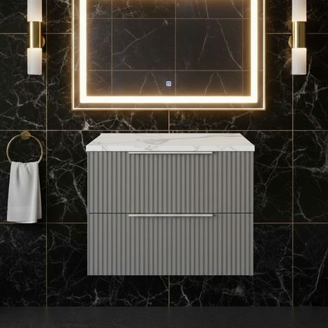 Hudson Reed Fluted Wall Hung 2-Drawer Vanity Unit with Carrera Marble Worktop 600mm Wide - Satin Grey (1/4)