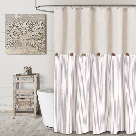 Rideau de douche Button Farmhouse, en lin et polyester, avec œillets, rideau, adapté à la salle de bain et au salon, rose, 183 x 183 cm (1/5)