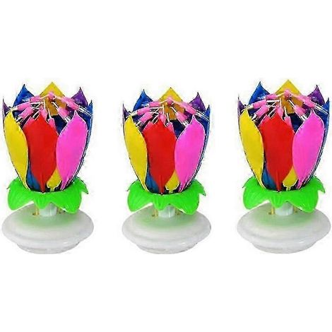 Lot de 3 bougies d'anniversaire musicales multicolores, bougies rotatives en forme de lotus jouant une musique colorée. (1/5)